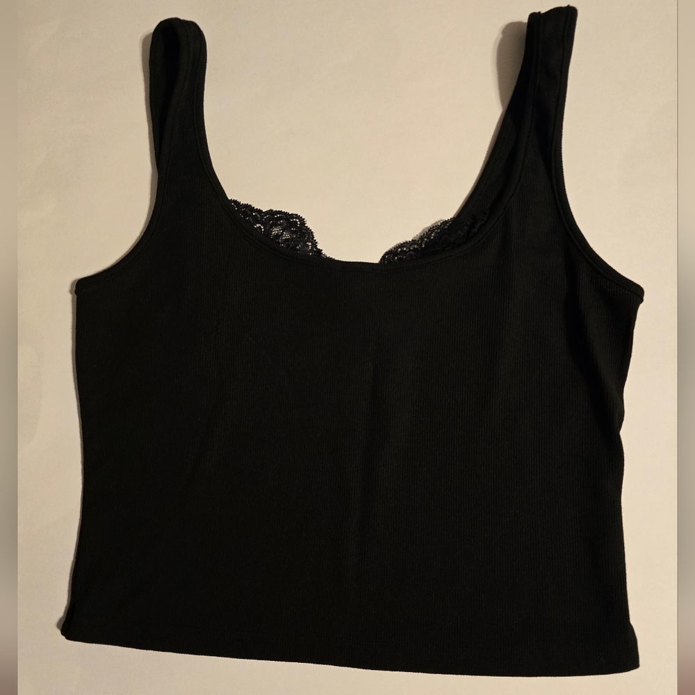 Black Crop Tank Top with Lace Detail